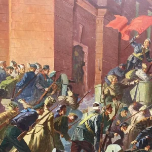 Oil Painting of The Storming of the Winter Palace – 1960s Soviet School Militaria - Image 7