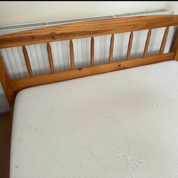 Pine double bed frame with memory foam mattress