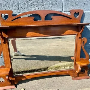 Large Vintage Swan Motif Wooden Wall Mirror with Heart Cutouts & Shelves - Image 2