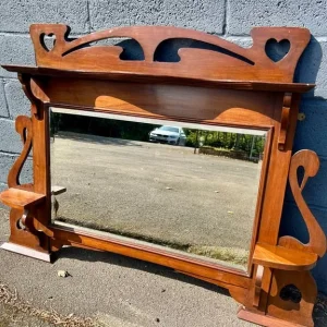 Large Vintage Swan Motif Wooden Wall Mirror with Heart Cutouts & Shelves - Image 3