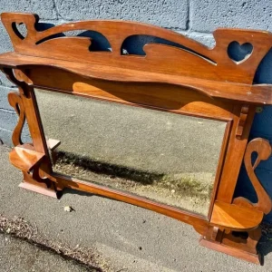 Large Vintage Swan Motif Wooden Wall Mirror with Heart Cutouts & Shelves - Image 4