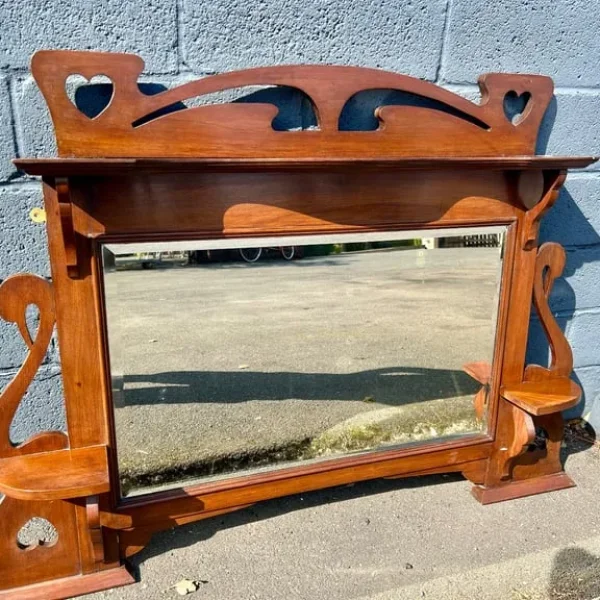 Large Vintage Swan Motif Wooden Wall Mirror with Heart Cutouts & Shelves