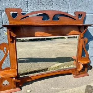 Large Vintage Swan Motif Wooden Wall Mirror with Heart Cutouts & Shelves