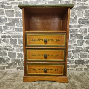 Vintage Wooden Bedside Cabinet with Three Drawers and Open Shelf