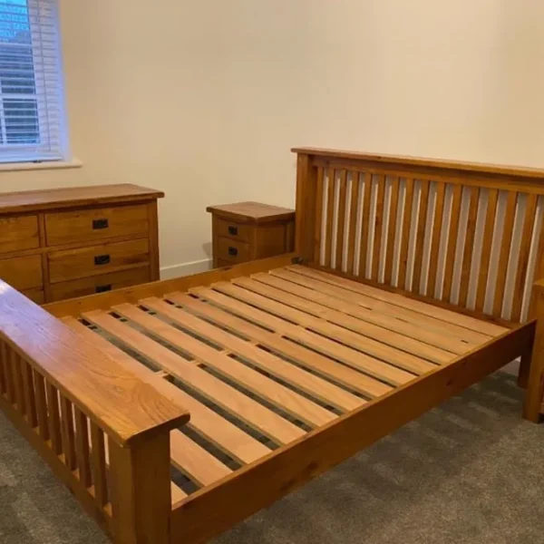 Rustic solid oak king size bed frame with bedside cabinets and dresser