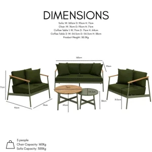 5 Seater Aluminium Garden Set, Green with 2 Tables - Image 3