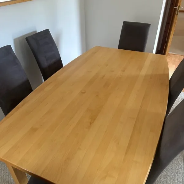 Oak Dining Table and 6 High Back Brown Faux Suede Chairs