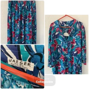 LADIES JAEGER 2 PIECE SKIRT AND BLOUSE SET – 30” WAIST 12 – 36” CHEST – RED AND BLUE VGC