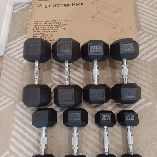 HEX DUMBBELLS SET 5KG TO 20KG WITH NEW RACK