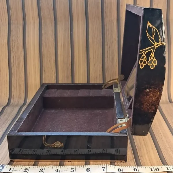 Vintage Japanese Jewellery Box with Lacquered Finish and Floral Paintings
