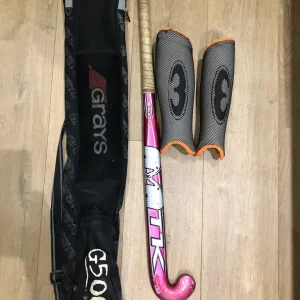 Hockey stick, shin pads and case