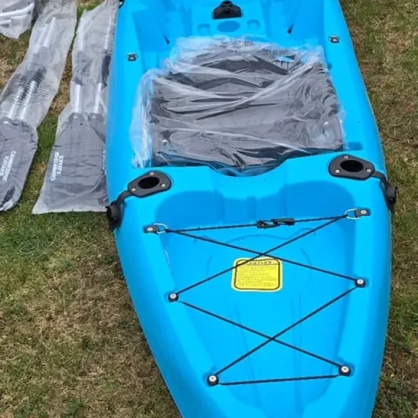 2-man kayak with fishing chairs, trolley, and roof rack