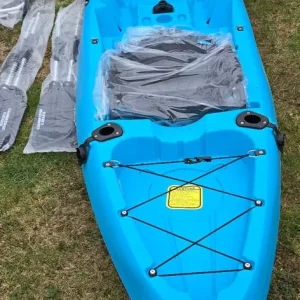 2-man kayak with fishing chairs, trolley, and roof rack