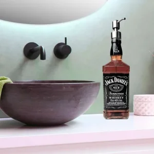 Jack Daniels bottle with hand soap and stainless steel dispenser