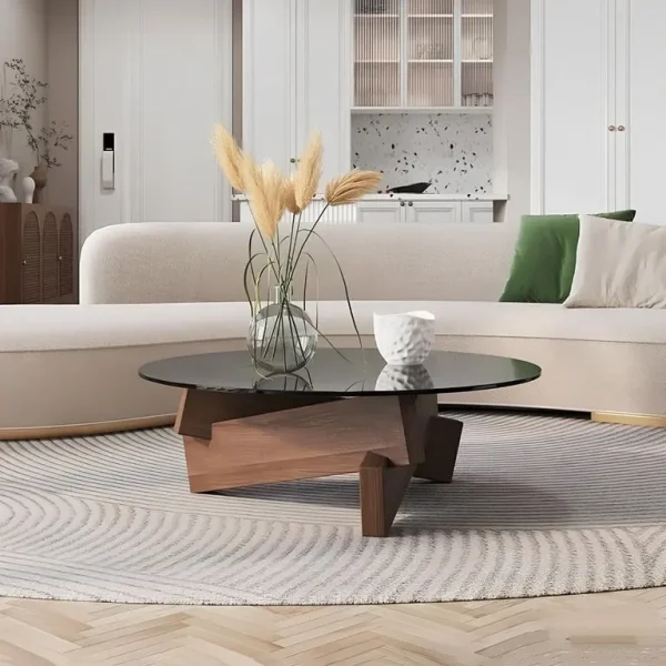 Nordic Transparent Glass Solid Wood Round Coffee Table