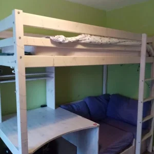 High bed - white with integrated desk, shelf and pull-out futon - Image 2