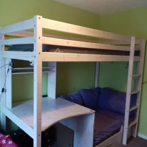 High bed - white with integrated desk, shelf and pull-out futon - Image 5