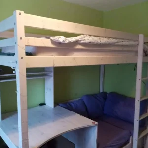 High bed - white with integrated desk, shelf and pull-out futon - Image 7