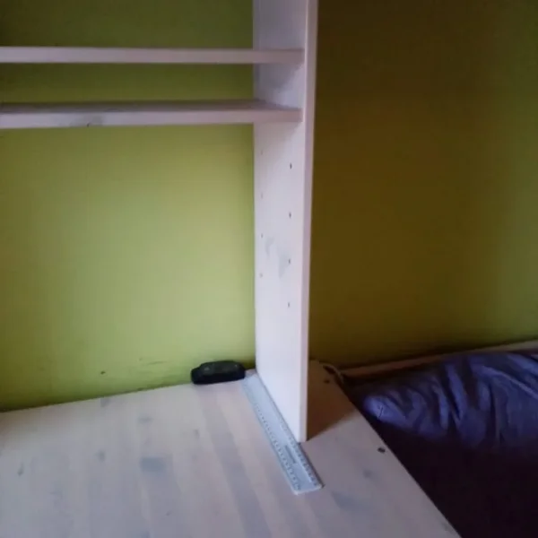 High bed - white with integrated desk, shelf and pull-out futon