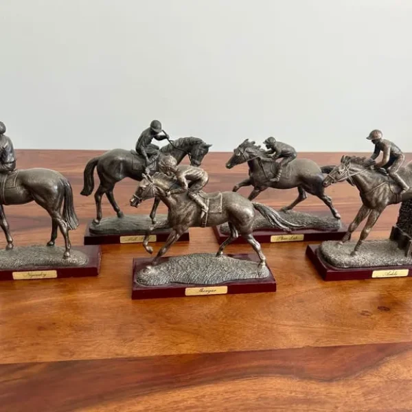 Set of 5 Bronzed Resin Racehorse and Jockey Figures