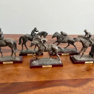 Set of 5 Bronzed Resin Racehorse and Jockey Figures