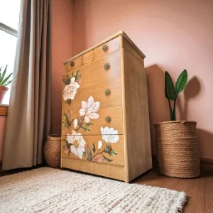 Floral mid-century modern chest of drawers with magnolia transfer - Image 2