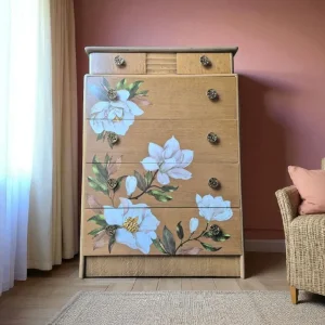 Floral mid-century modern chest of drawers with magnolia transfer