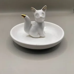 Fox Trinket Dish Jewelry Tray Gold and White