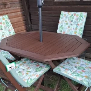 Wooden garden table with 4 chairs and parasol with new cushions - Image 3