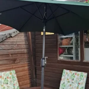 Wooden garden table with 4 chairs and parasol with new cushions - Image 4