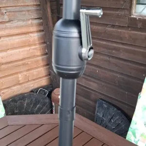 Wooden garden table with 4 chairs and parasol with new cushions - Image 5