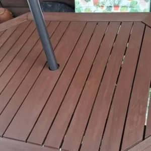 Wooden garden table with 4 chairs and parasol with new cushions - Image 6