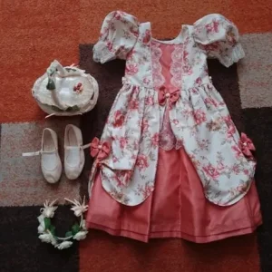 Girls handmade flower girl dress with floral headband, shoes and basket