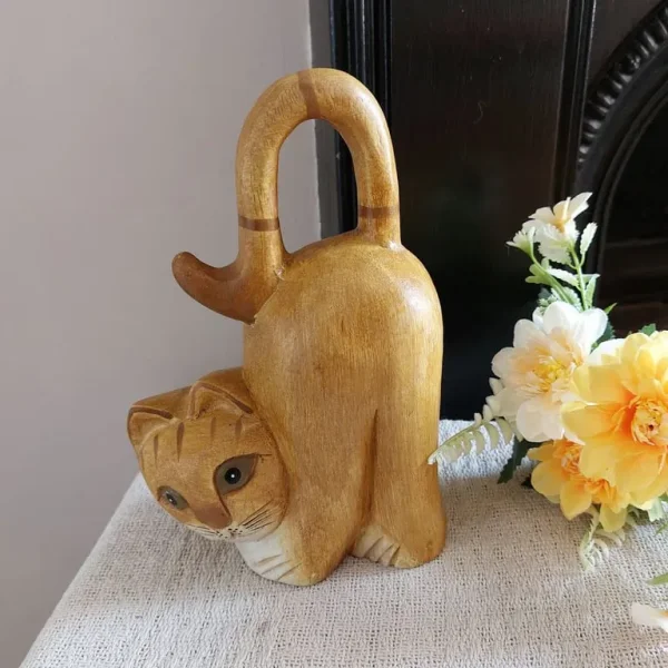 Carved Solid Wood Cat Sculpture
