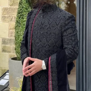 Mens Black Sherwani with Embroidery Set