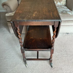 Antique Oak Barley Twist Drop Leaf Wheeled Tea Trolley - Image 2