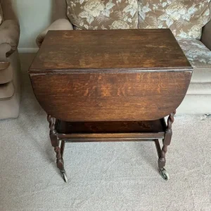 Antique Oak Barley Twist Drop Leaf Wheeled Tea Trolley - Image 3