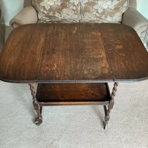 Antique Oak Barley Twist Drop Leaf Wheeled Tea Trolley - Image 4