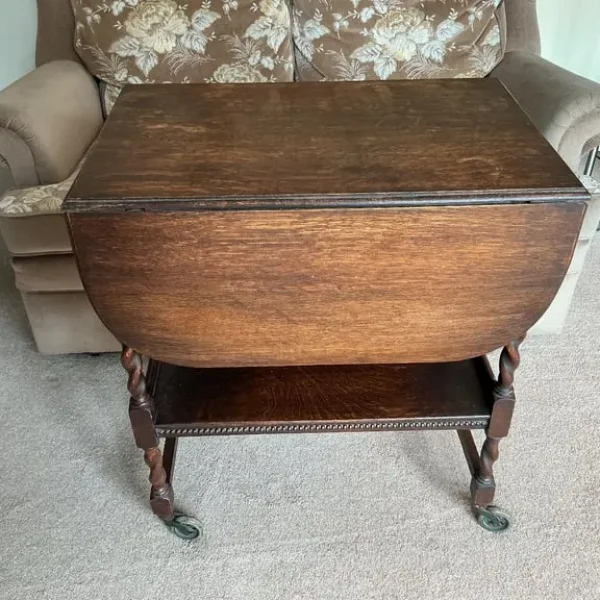 Antique Oak Barley Twist Drop Leaf Wheeled Tea Trolley