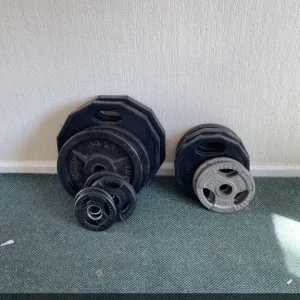 7ft Olympic bar, ez bar, 100kg plates, Mirafit bench