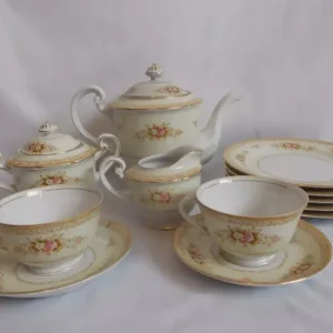 14-piece Vintage Tea Set with Gold Edging and Floral Pattern