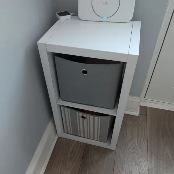 White storage cube with 2 grey boxes