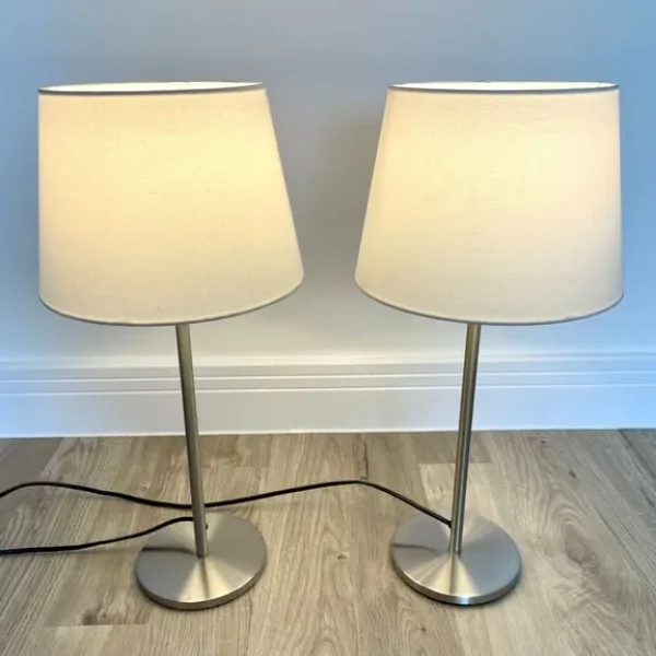 2x Small Chrome Table Bedside Lamps (White/Cream Shades Included)