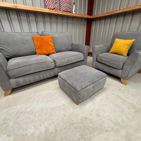 Jasmine oak sofa and armchair with storage foot stool