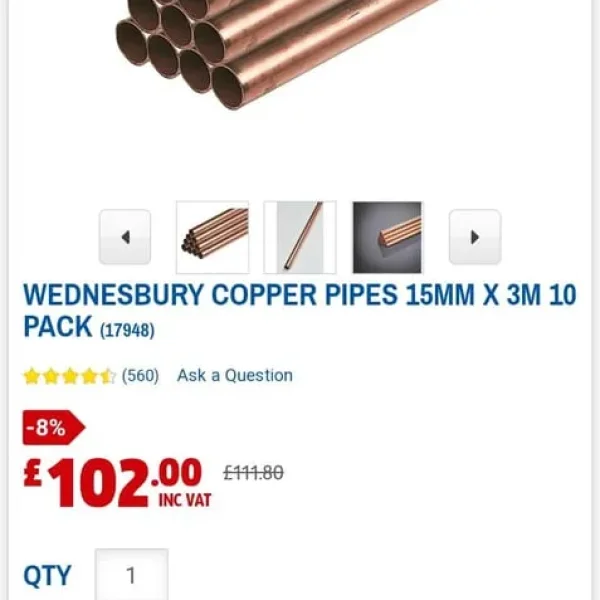 15mm copper pipe 3m length 10-pack