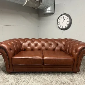 CHESTERFIELD LARGE 2 SEATER CLUB SOFA WITH CHESTNUT BROWN LEATHER