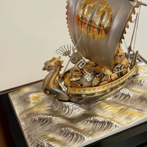 Japanese Takehiko Seki silver treasure ship on silver plated wave base - Image 7