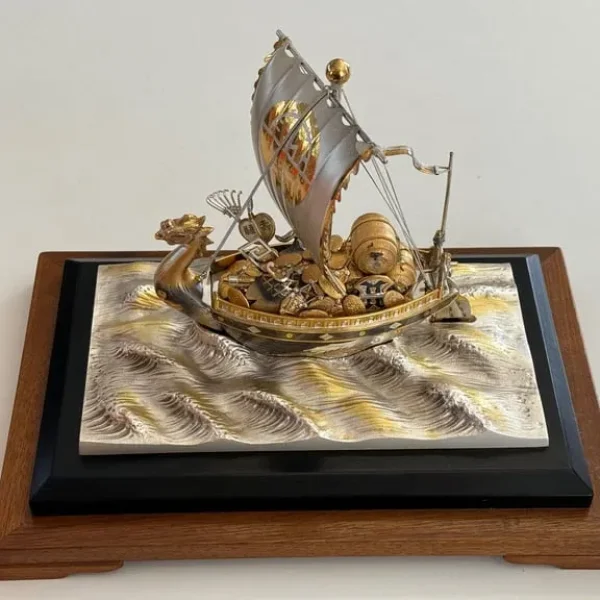 Japanese Takehiko Seki silver treasure ship on silver plated wave base
