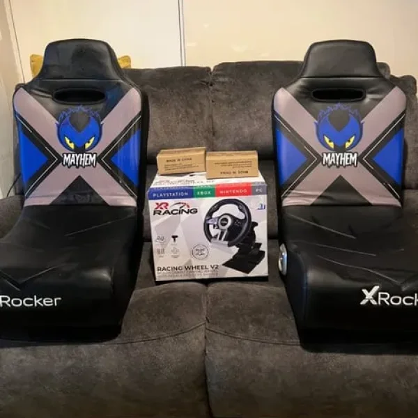 X2 X Rocker gaming chairs and racing wheel