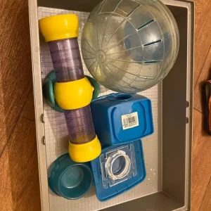 Hamster cage and toys